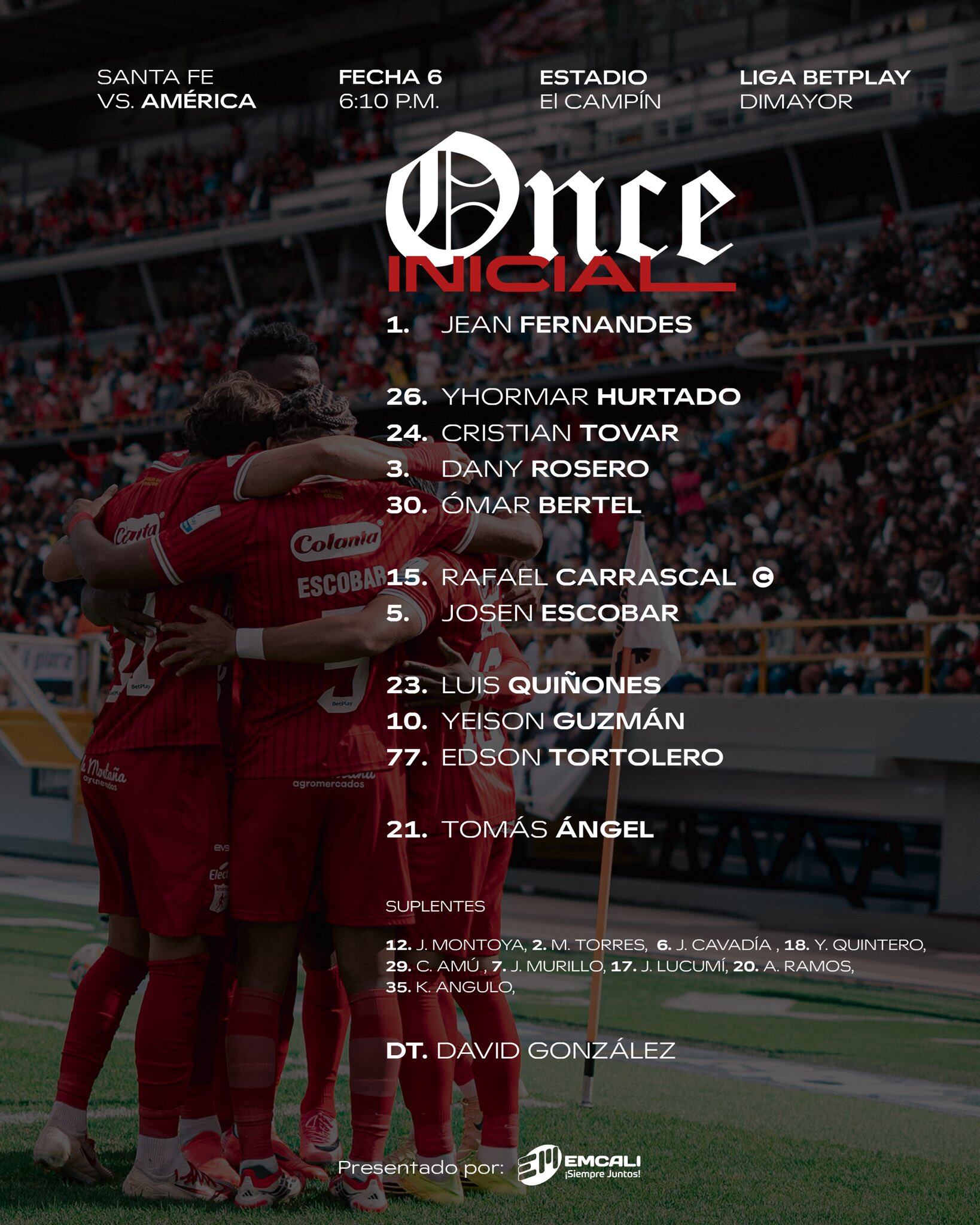 América presentó la alineación con la que visitará a Santa Fe por la fecha 6 de la Liga BetPlay - crédito América de Cali