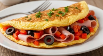 Un omelette relleno de jamón, pimiento rojo en cubos y aceitunas negras en rodajas, decorado con perejil, sobre un plato blanco con un tenedor.