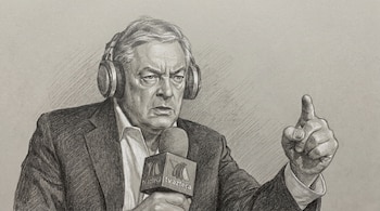 Dibujo a lápiz de Eduardo Lamazón con audífonos y micrófono de TV Azteca. Él está de perfil, con chaqueta, y señala hacia arriba con el dedo índice.