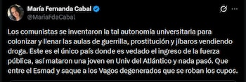 La exsenadora y exprecandidata presidencial María Fernanda Cabal apoyó la propuesta del ingreso de la Fuerza Pública en las universidades: "Que entre el Esmad y saque a los Vagos degenerados que se roban los cupos" - crédito @MariaFdaCabal/X