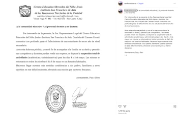 Documento oficial en papel blanco con texto impreso en negro, escudo escolar en la parte superior izquierda y una firma manuscrita al pie