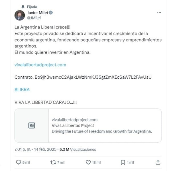 El posteo del presidente Javier Milei el día del lanzamiento de $Libra