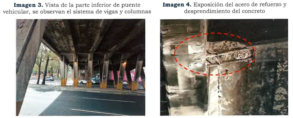 La evaluación del puente registró corrosión de la armadura, carbonatación, grietas diagonales y fisuras asociadas con fatiga y cargas dinámicas. (Conred)