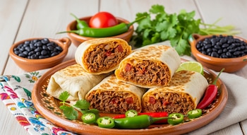 Primer plano de varios burritos de machaca cortados por la mitad en un plato rústico de cerámica, rodeados de cuencos con frijoles negros, chiles y cilantro.