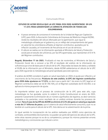 Acemi publicó un comunicado en diciembre de 2025, en el que indicó que el incremento de la UPC para 2026 debía ser del 17,33% - crédito @acemi_gremio/X