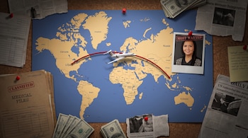 Mapa mundial con un hilo rojo entre Estados Unidos y Vietnam, un avión en miniatura, una foto de búsqueda, billetes y carpetas en un corcho.