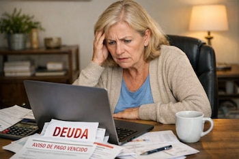 Mujer sentada frente a un portátil con la mano en la cabeza, junto a papeles que indican "DEUDA" y "AVISO DE PAGO VENCIDO", una calculadora y una taza.