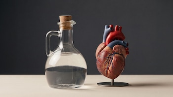 Una jarra de vidrio transparente con líquido y tapón de corcho al lado de una maqueta de corazón humano sobre una base