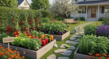 Vista detallada de un jardín con bancales elevados repletos de tomates, berenjenas, pimientos, lechugas y hierbas, un sendero de piedra y una casa al fondo.