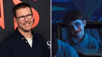 Zach Cregger sonríe con gafas a la izquierda y un niño con maquillaje en el rostro aparece en una escena oscura a la derecha