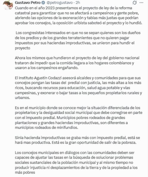 El primer mandatario aseguró que los mismos congresistas trataron de impedir que la comida llegara a los hogares colombianos y usaron a los campesinos con engaños - crédito @petrogustavo/X