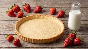 Masa de tarta horneada rodeada por varias fresas frescas y una botella de vidrio con leche sobre una superficie de madera.