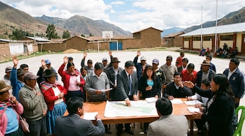 Grupo numeroso de personas en un área exterior, varias con las manos alzadas, rodean una mesa con documentos y mapas, con casas de adobe y montañas al fondo.
