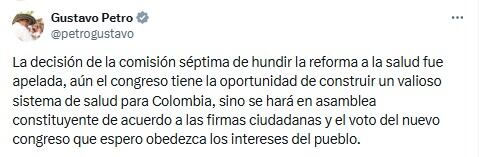 A través de su cuenta de X, el mandatario advirtió sobre la posibilidad de convocar una asamblea constituyente si el Congreso no avanza en la construcción de un nuevo modelo de salud - crédito @petrogustavo/X