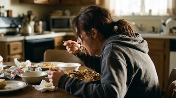 Una persona con sudadera gris come pasta frente a varios platos y envoltorios sobre una mesa de madera.