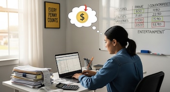 Mujer en escritorio revisando finanzas en laptop y con recibos, con burbuja de pensamiento de dólar y pizarra con presupuesto al fondo. Un cartel dice 'EVERY PENNY COUNTS'.