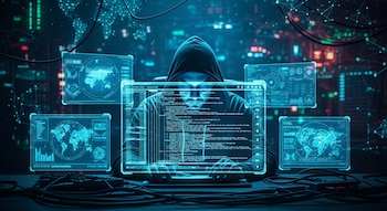 Un individuo encapuchado mira múltiples pantallas holográficas que muestran mapas de datos, código y alertas digitales en un entorno oscuro.