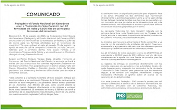 Fedegán anunció la entrega de alimentos para las familias afectadas por el terremoto de magnitud 7,4 registrado el 10 de agosto -crédito @Fedegan/X