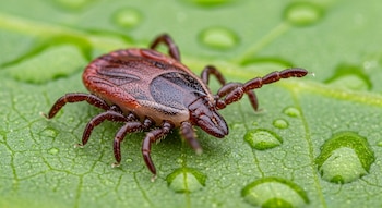 Una garrapata marrón rojiza con ocho patas se posa sobre una hoja verde con gotas de agua.