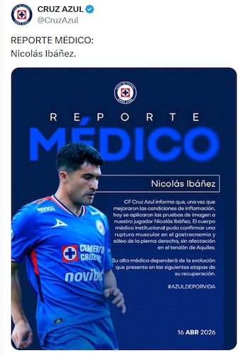 El club informó que el futbolista presenta una ruptura muscular tras el Clásico Joven y su evolución médica definirá el tiempo real de recuperación. (X/ @CruzAzul)