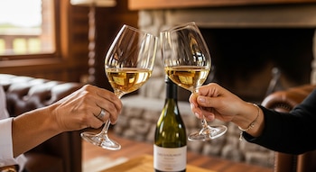 Primer plano de dos manos brindando con copas de vino blanco, con una botella de Sauvignon Blanc y una chimenea de piedra en el fondo.