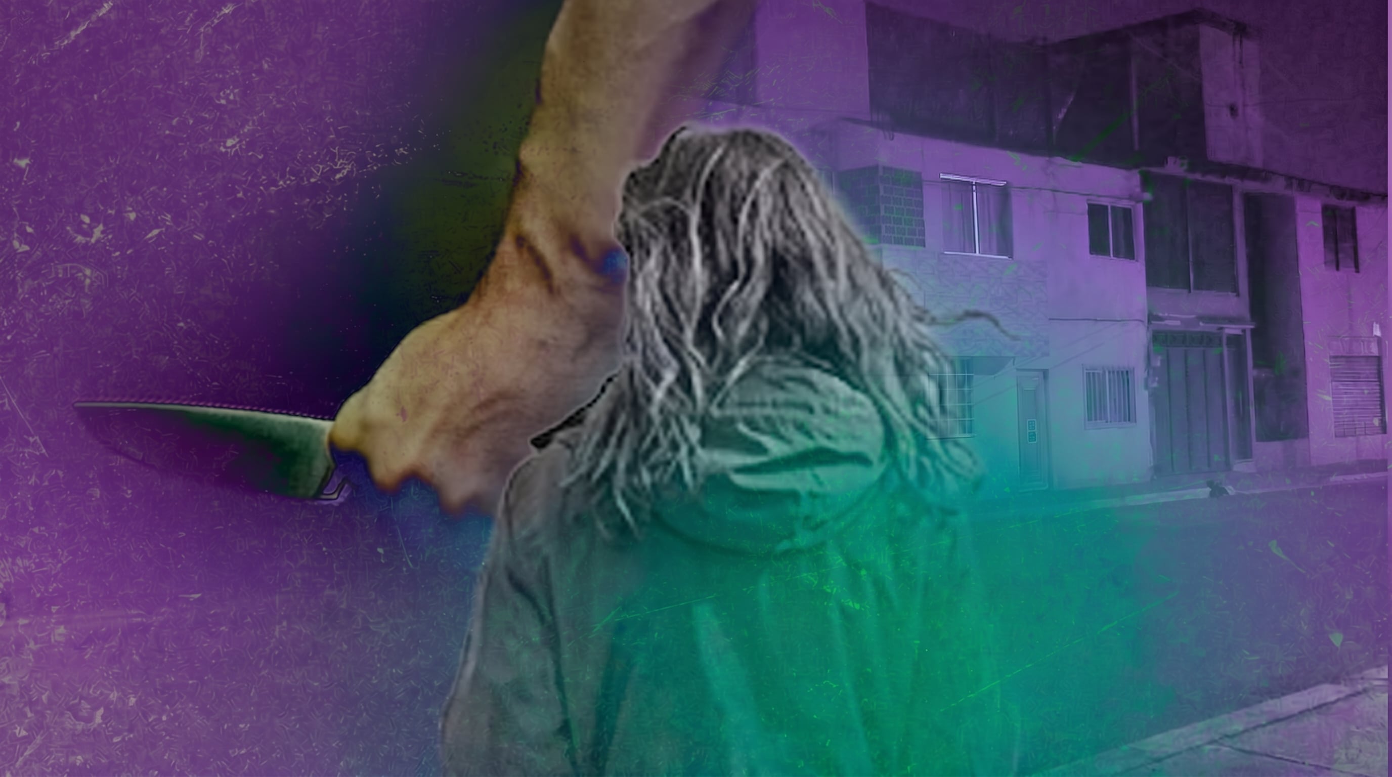 Una mano visible sostiene un cuchillo afilado muy cerca de la espalda de una persona con cabello largo que camina por una calle, con edificios borrosos al fondo, bajo una luz púrpura y verde inquietante. (Imagen Ilustrativa Infobae)
