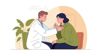 Ilustración plana de un médico con guardapolvo blanco y cabello castaño corto, consolando a un paciente con cabello oscuro en un consultorio minimalista.