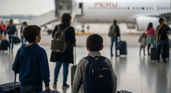 Dos niños de espaldas con mochilas y maletas de mano en un aeropuerto. Personas y un avión blanco con la palabra PERU en rojo están borrosos al fondo.