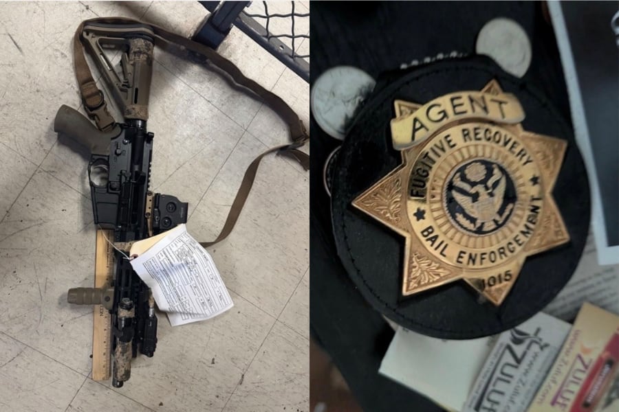 Los investigadores hallaron una placa con la inscripción “agente de protección de seguridad”, además de binoculares, un arma cargada y municiones (Instagram: @fbilosangelesdivision).