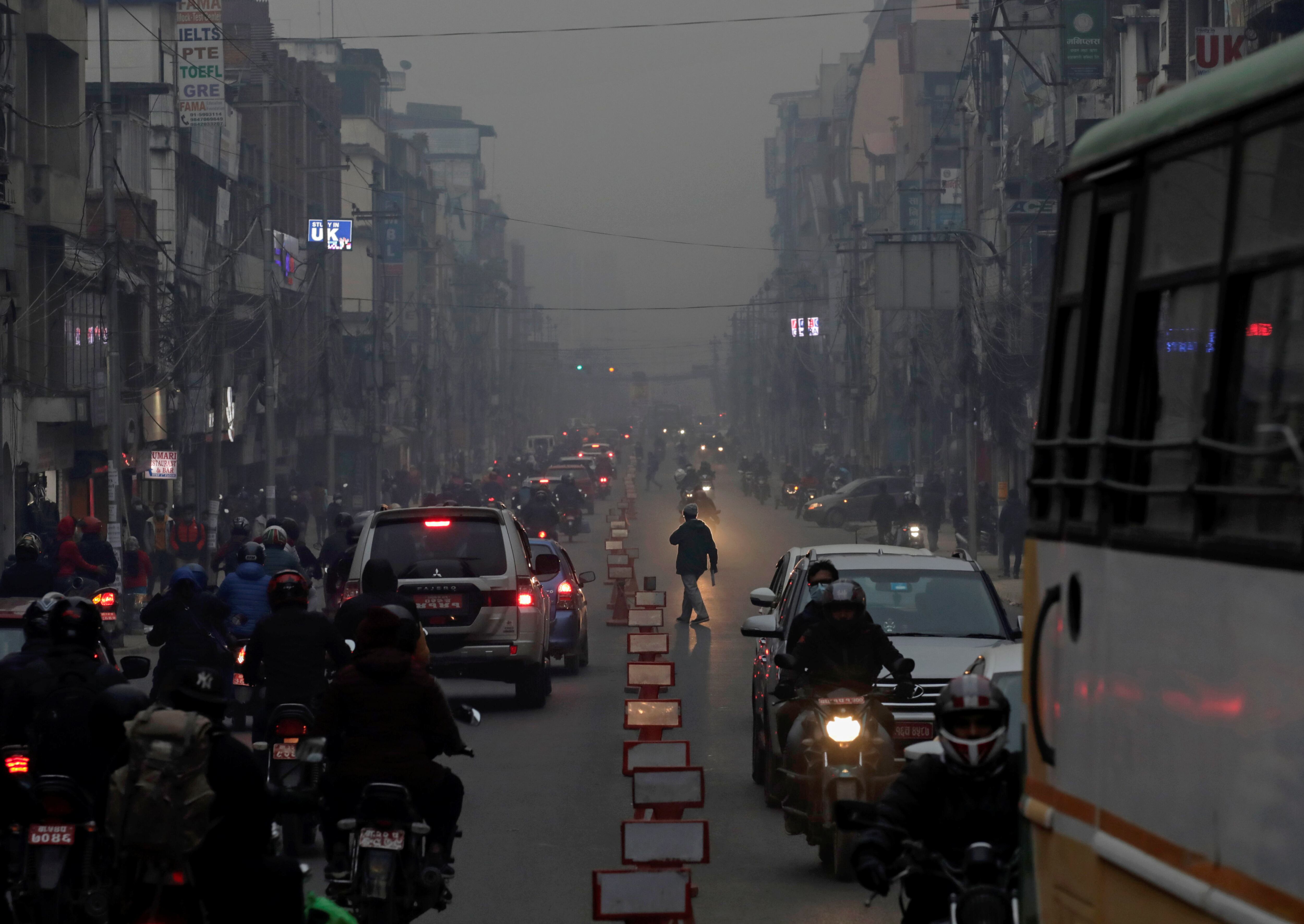 A general view of a street during a smoggy evening as the air quality of Kathmandu reaches hazardous levels, Nepal January 4, 2021. REUTERS/Navesh Chitrakar