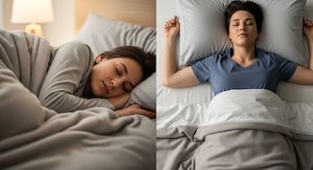 Imagen dividida que muestra a una persona durmiendo de costado envuelta en una manta gris y a otra persona durmiendo boca arriba en una cama con sábanas blancas.