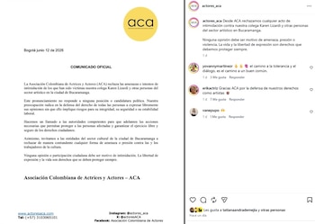 La Asociación Colombia de Actores y Actrices (ACA) expresó su respaldo a Karen Lizardi en un comunicado emitido el viernes 12 de junio de 2026 - crédito @actores_aca/IG