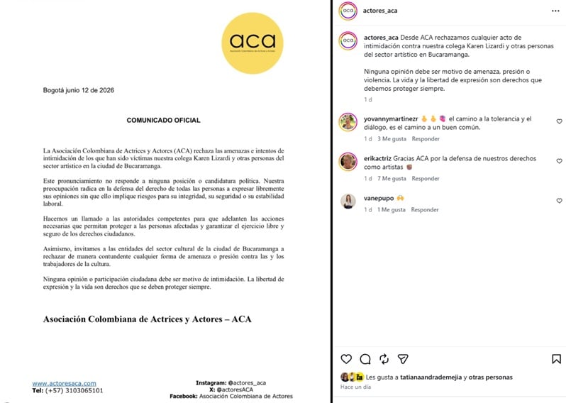 La Asociación Colombia de Actores y Actrices (ACA) expresó su respaldo a Karen Lizardi en un comunicado emitido el viernes 12 de junio de 2026 - crédito @actores_aca/IG
