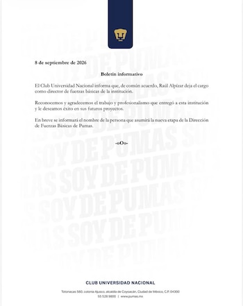 Un comunicado del Club Universidad Nacional con el escudo del equipo en la parte superior y texto impreso sobre fondo blanco