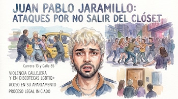 Ilustración en acuarela con el retrato de un hombre al centro, un taxi con personas, una pelea frente a un local y personas ante una puerta.