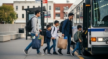 Cinco personas, dos adultos y tres niños con mochilas y bolsas de compras, suben a un autobús de transporte público blanco y azul en una parada urbana.