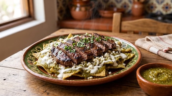 Plato de barro con totopos en salsa verde, carne asada, crema y queso, junto a un cuenco con salsa sobre una mesa de madera.