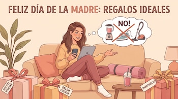 Ilustración de una mujer sonriente sentada en un sofá con un celular y una tablet, rodeada de regalos y una colchoneta de yoga, y una burbuja de pensamiento tachando electrodomésticos.