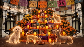Altar con flores de cempasúchil, velas, fotos de mascotas, papel picado y figuras luminosas de perros y un gato en un patio con columnas.