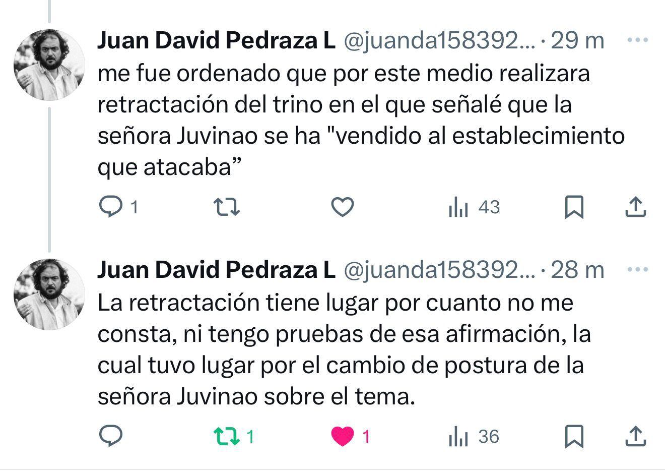 Juan David Pedraza admitió haber basado su acusación contra Juvinao solamente en su cambio de postura política, sin elementos objetivos que la sustentaran - crédito X