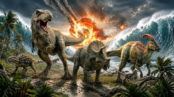 Un Tyrannosaurus y otros dinosaurios, incluyendo un Velociraptor y un posible Lesothosaurus, huyen de un impacto de asteroide y grandes tsunamis