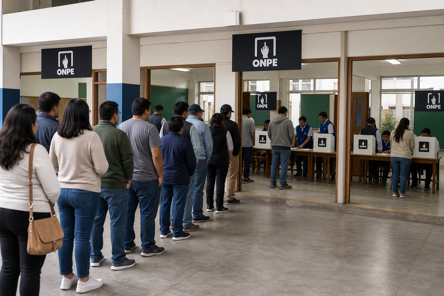 Ciudadanos peruanos forman fila frente a las mesas de sufragio de la ONPE para emitir su voto durante una jornada electoral. (Imagen Ilustrativa Infobae)