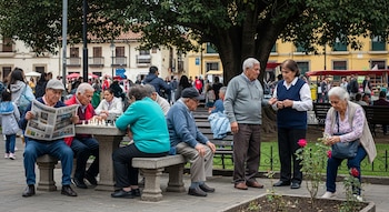 Grupo de pensionados en una plaza de Colombia: hombres jugando ajedrez, uno leyendo El Tiempo, otros conversando y una mujer agachada junto a rosales.