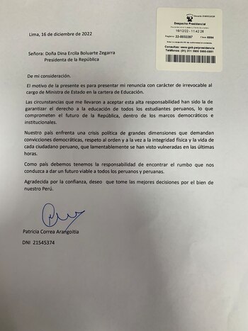 Carta de renuncia de la