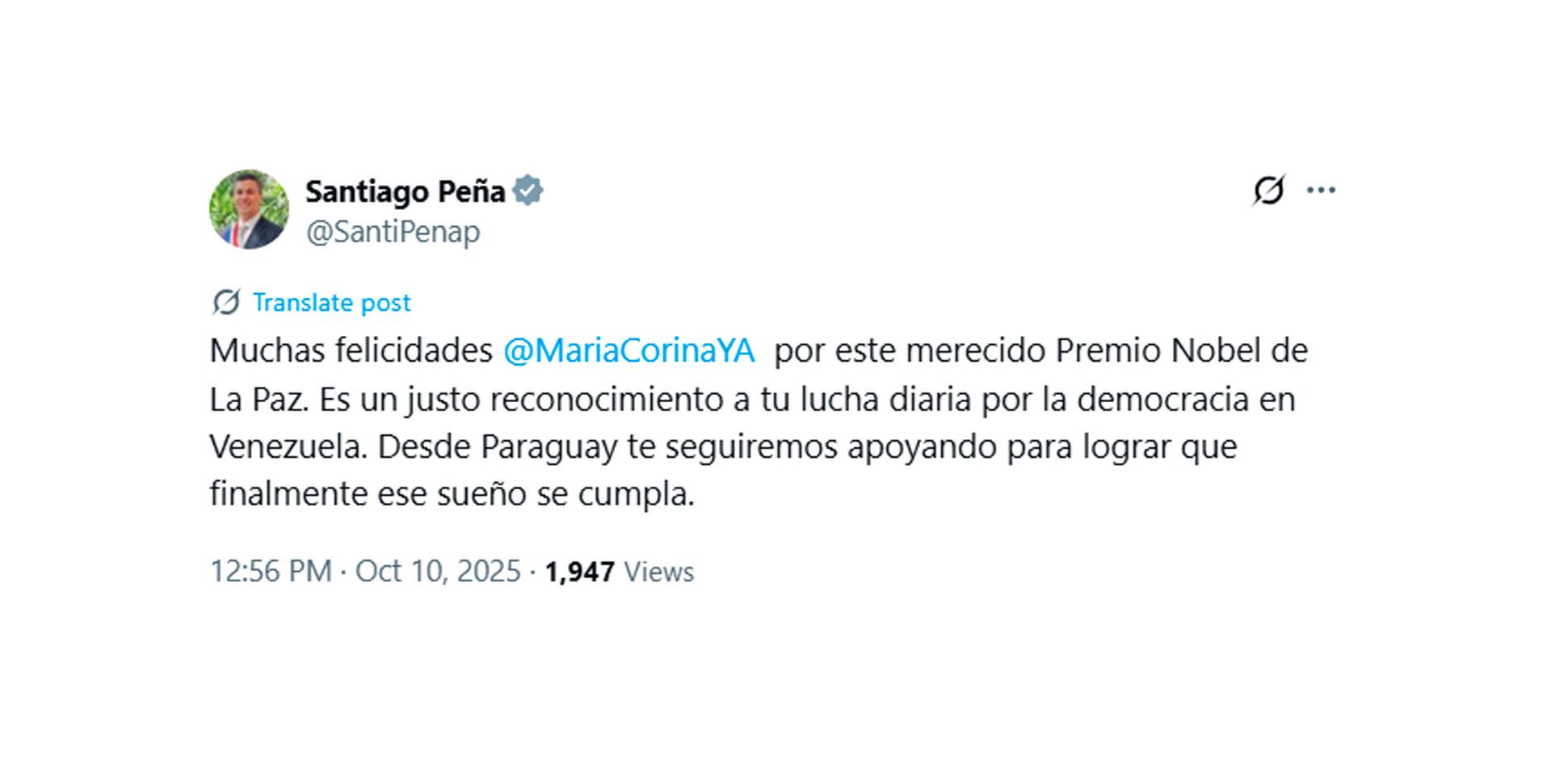 El texto que escribió Santiago Peña en X