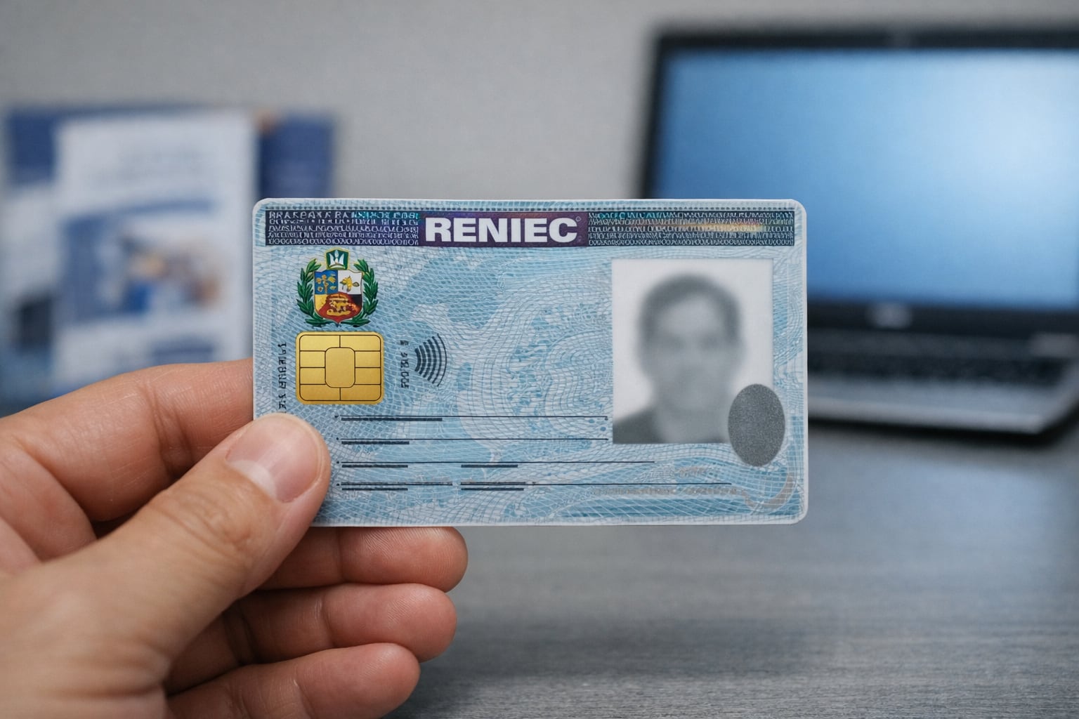 Un DNI electrónico peruano con el logo de RENIEC y chip visible es sostenido por una mano, con folletos institucionales y una laptop en segundo plano desenfocado, durante su presentación oficial. (Imagen Ilustrativa Infobae)