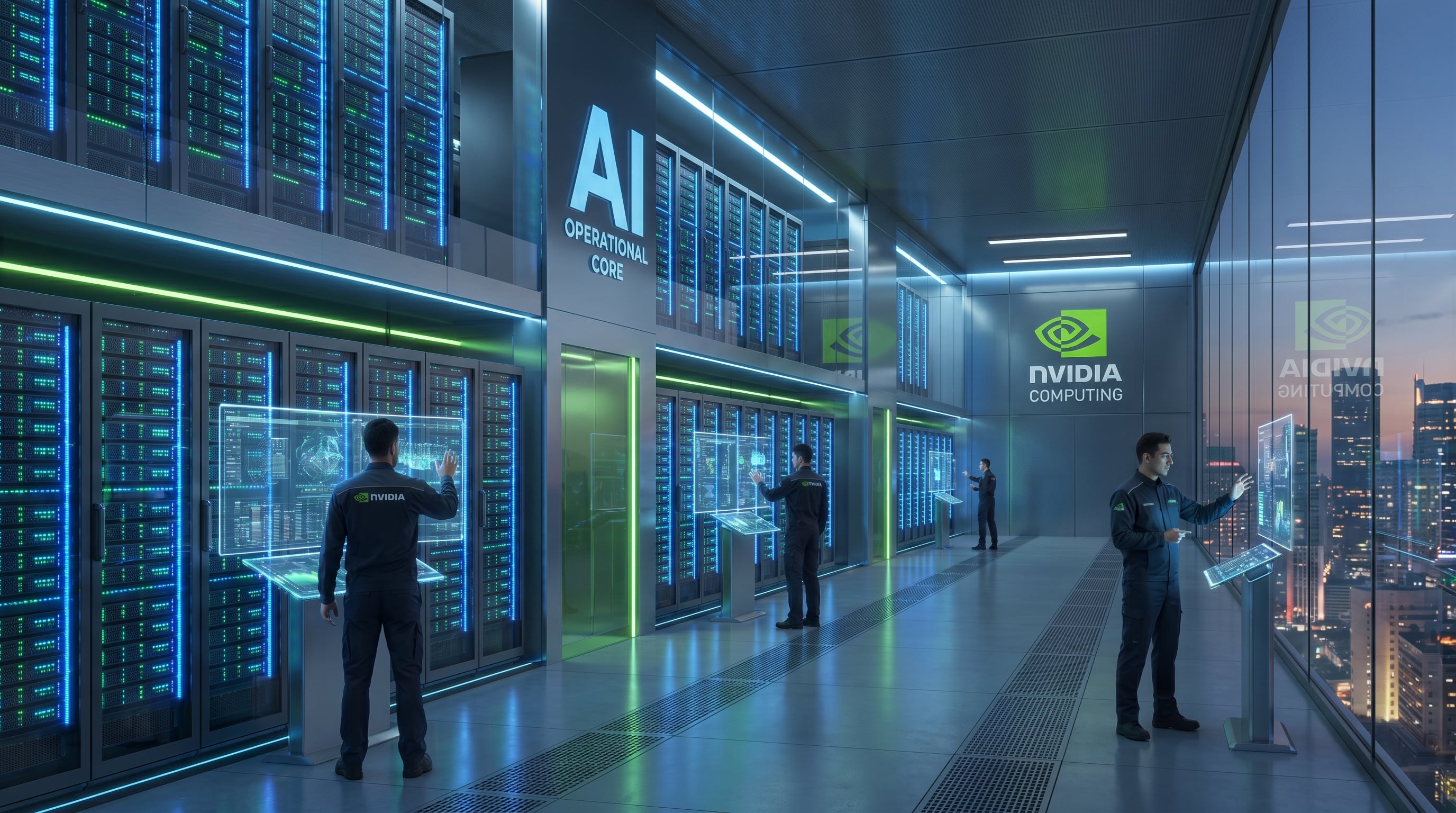 Ingenieros de NVIDIA monitorean paneles holográficos en un centro de datos moderno con servidores de alto rendimiento y luces azules/verdes, reflejando una estética futurista impulsada por IA y computación empresarial. (Imagen Ilustrativa Infobae)