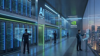 Interior de un centro de datos futurista NVIDIA con servidores iluminados y tres ingenieros operando pantallas holográficas. Ventanal con vista a rascacielos nocturnos.