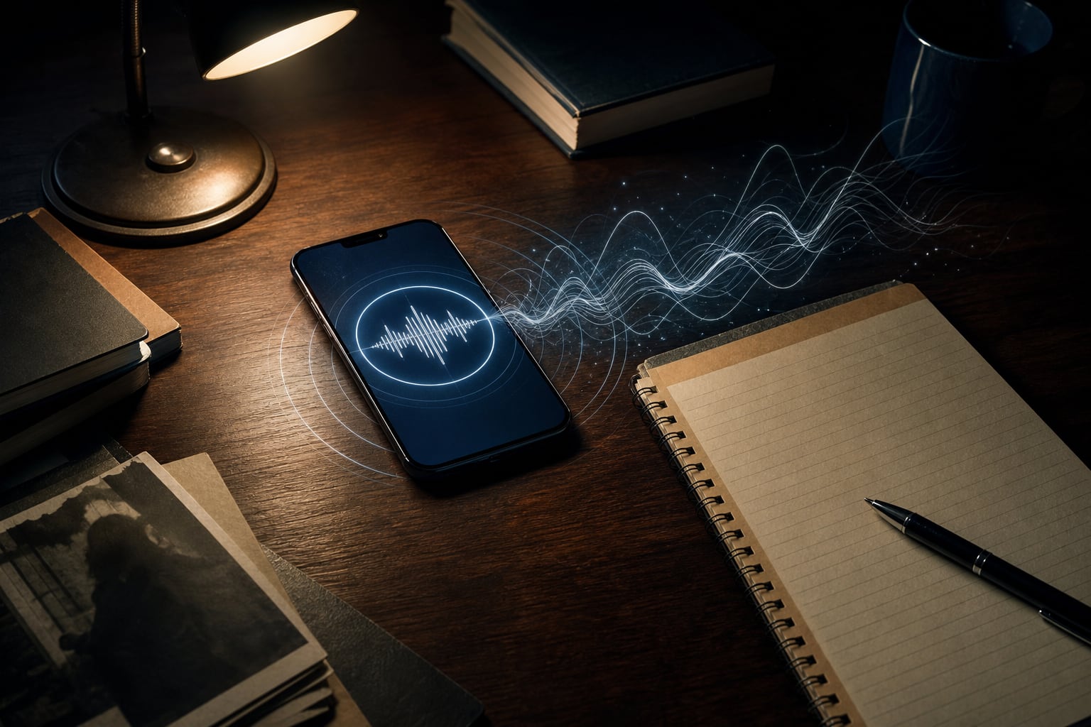 Un teléfono móvil emite ondas de frecuencia sonora sobre un escritorio de trabajo como representación de la clonación de voz mediante inteligencia artificial. (Imagen Ilustrativa Infobae)
