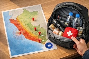 Mapa de Perú con tres marcadores rojos y ondas sísmicas. Una mano sostiene una mochila abierta que contiene linterna, radio, botiquín, agua y alimentos.